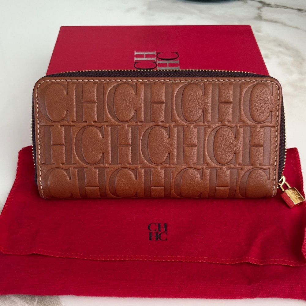 Carolina Herrera Embossed CH Logo Zip Wallet - Cognac Brown